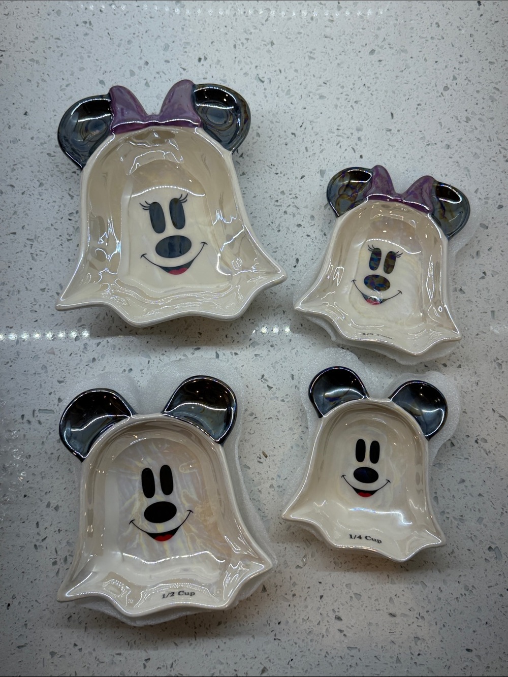Disney Ghost-Shaped Ceramic Measuring Dishes with Black Ears and Purple Bows